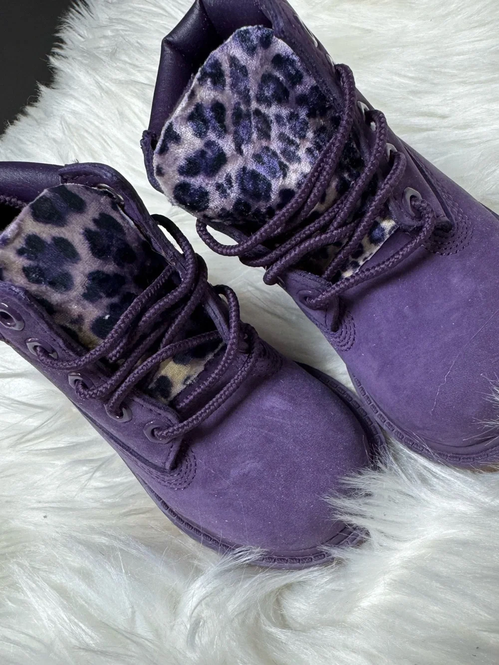 Timberland Kids Purple Boots with Leopard Print Tongue